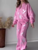 بدلة نسائية طويلة مطرزة من قطعتين ، بنطلون غير رسمي ، ملابس الشارع النسائية ، معطف بسحاب ، بنطلون ، الموضة ، الترفيه ، الخريف ، بأكمام 1