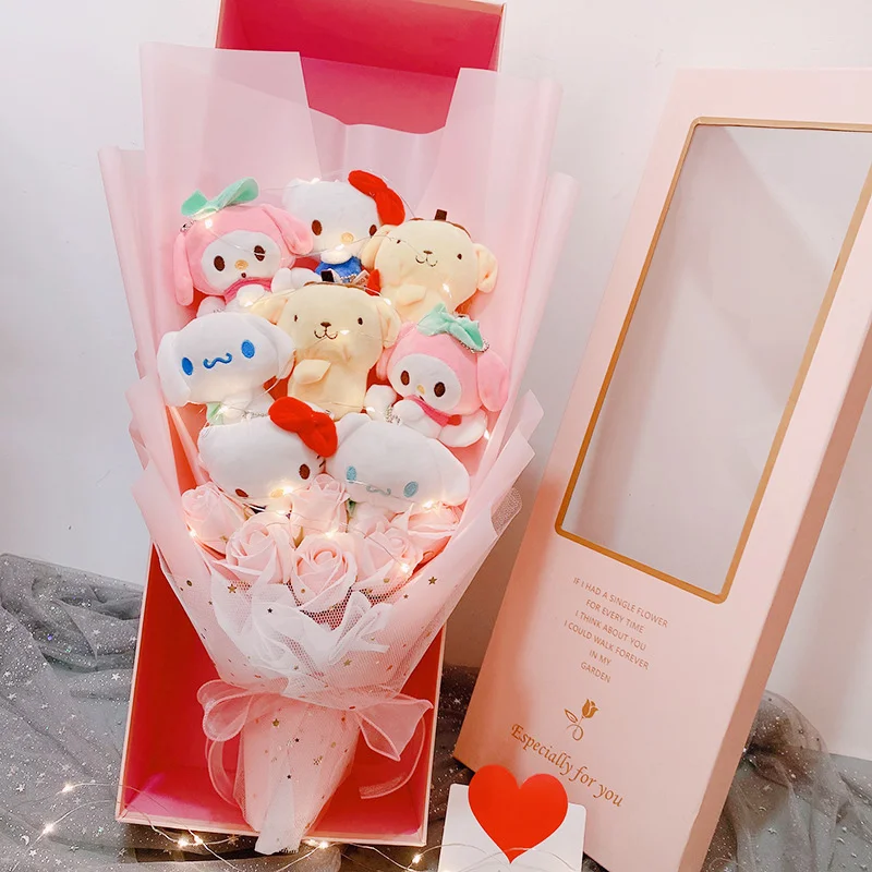 Led My Melody Hello Kitty Cinnamoroll Kawaii Плюшевые игрушки плюшевые цветы букет Рождественская