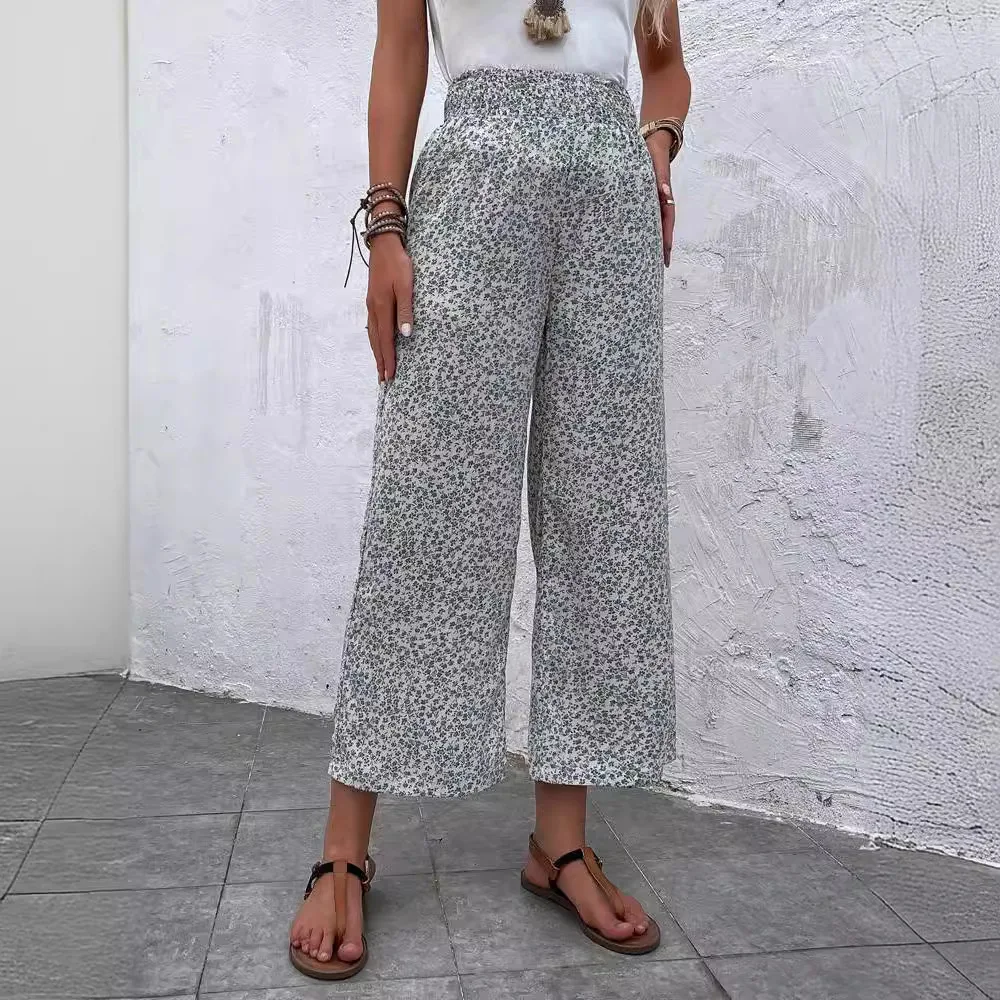 New Bohemian Loose Print Waist Cut Trousers Floral Casual Trousers for Women
