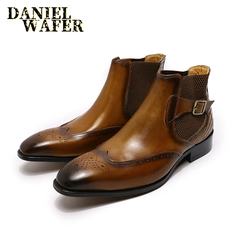 Genuine Leather Men's Chelsea Boots High Grade Slip On Buckle Strap Wingtip Brown Black Shoes Basic men chelsea boots