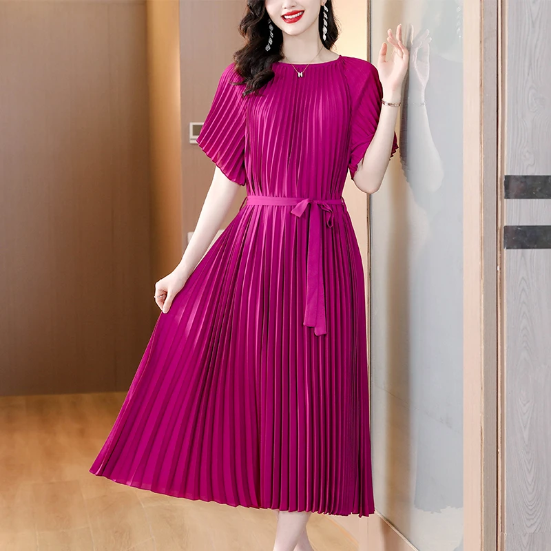 

Europe Station 2023 Summer New Three House Pleated Skirt Fashion Round Neck Splicing Slim Fit Dress Mid length Pleated Skirt