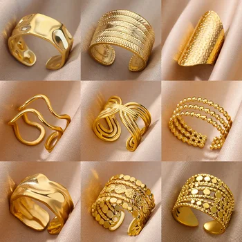 Anelli larghi robusti in acciaio inossidabile per donna Anello da dito aperto geometrico color oro vintage Regalo di gioielli minimalista di moda Femme