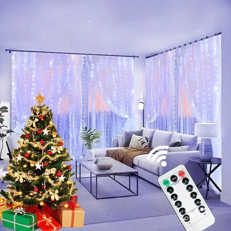 thumbnail image 1 of 1pc 3x3M LED Curtain Lights Holiday Fairy Lights Xmas Tree Christmas Garland for 8 Modes Remote,Party Home Christmas Decorations, 1 of 5