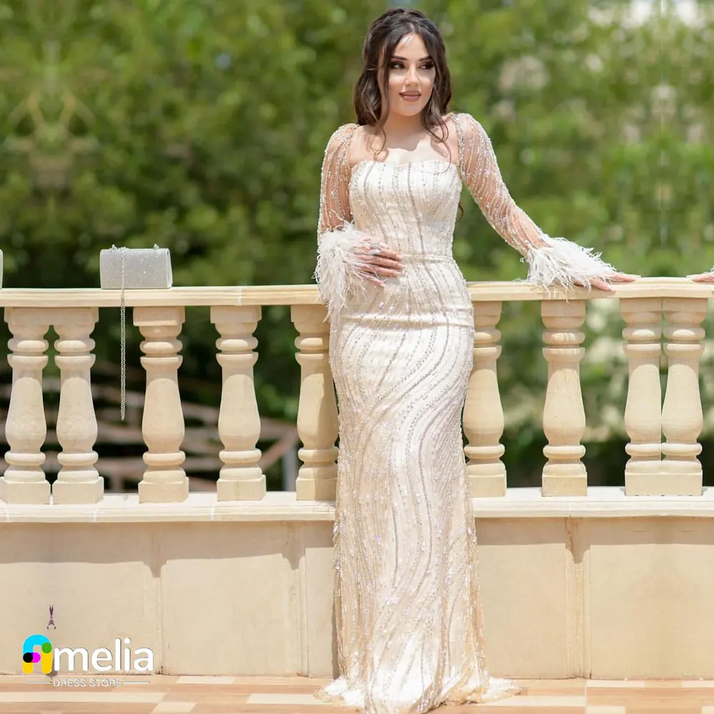 

Amelia Square Collar Saudi Prom Dress Long Sleeves Evening Dress With Floor-Length Women Wedding Party Gowns 2023 Arabia