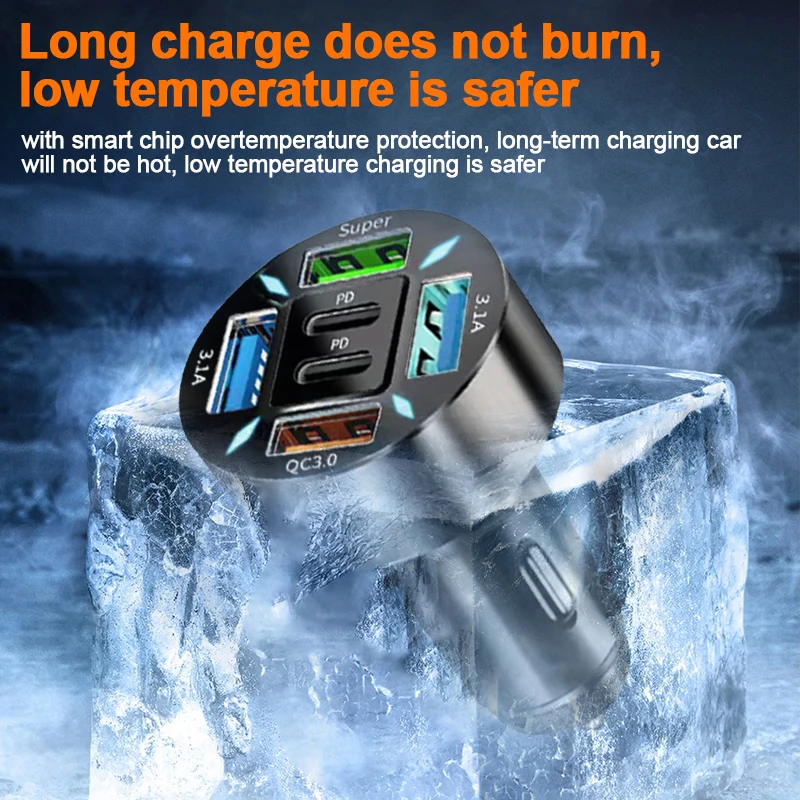 6 Ports Car Charger Fast Charging PD QC3.0 USB C Car Phone Charger Adapter With Voltage For iPhone Samsung Huawei Xiaomi