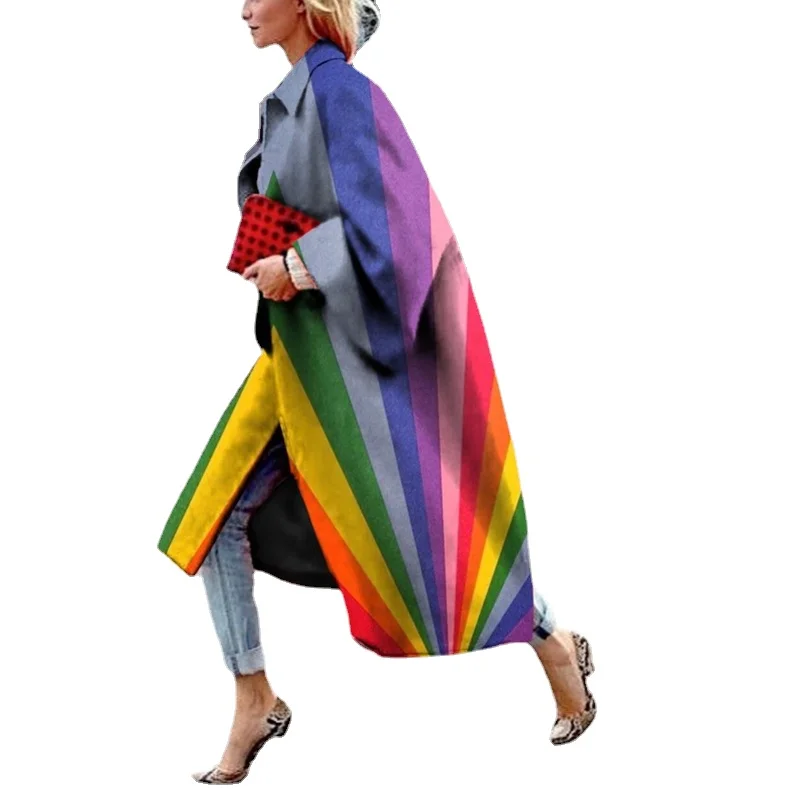 

2022 Autumn and Winter Long Printed Trench Coat with Flared Sleeves for Women
