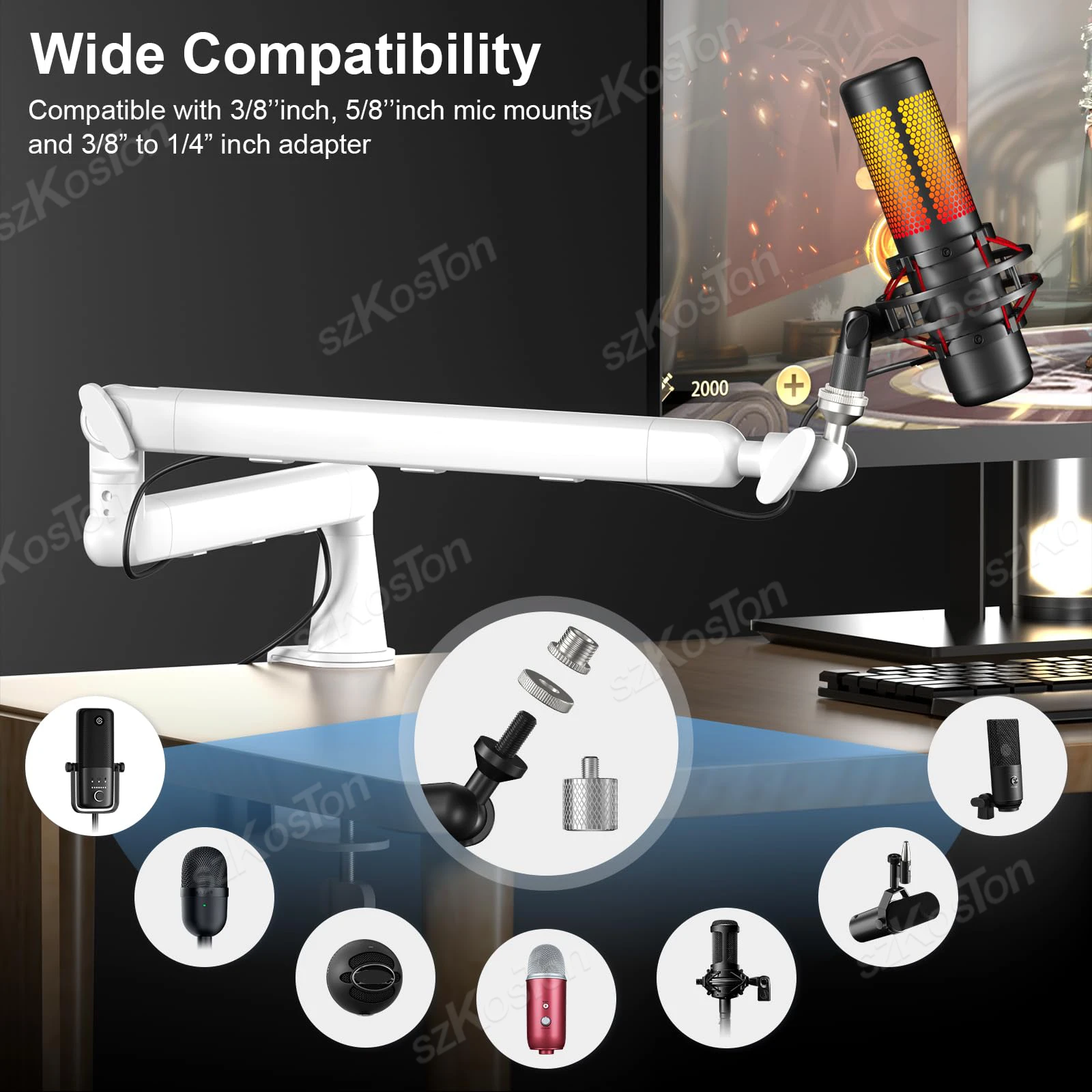 Microphone Boom Arm White Adjustable Low Profile Mic Stand with Extended Riser & Cable Management for SM7B MV7 AM8 K688 HyperX