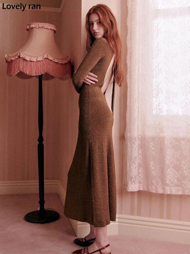 

Elegant Backless Metallic Knitted Maxi Dress Women Autumn Fashion Long Sleeve Lace-up Slim Dresses Ladies Party Club Vestidos