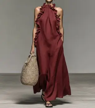 Elegante Abito Lungo con Volant e Collo Halter, Vestito Estivo Senza Maniche, Elegante Abito Lungo Stile Harajuku per Spiaggia, Feste e Serate
