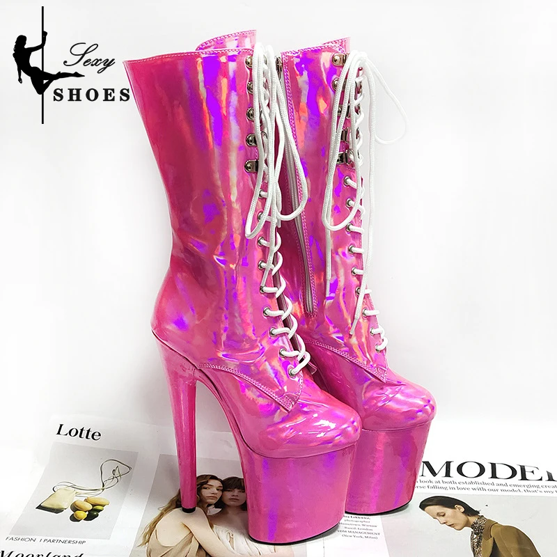 7Inch/17CM Women ANKLE Boots Fetish Laser Color Pole Dancing Shoes Mid-Calf Modern Boots Thin Heel Stripper Platform Heels Shoes