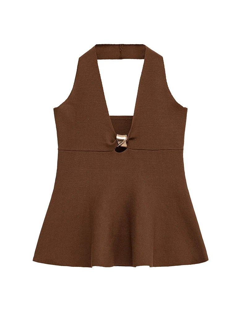 TFMLN Elegant Women Halter A-line Knit Tops 2025 Spring Summer Sexy V Neck Knitted Tank&Camis Fashion Casual Sleeveless Tops