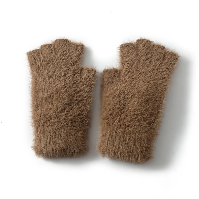Mink Cashmere Autumn Winter Women Gloves Fingerless Warm Racoon Wool Mitten Wrist Length Thumb Hole Mitts Korean Female Lovely