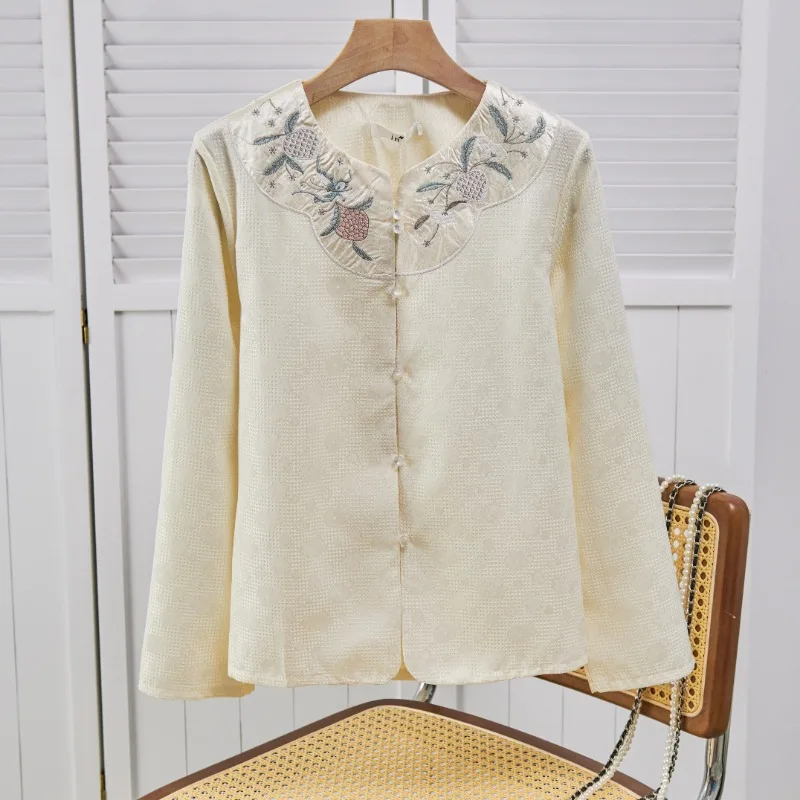 

Satin Embroidery Women's Shirts Silk Blouses Chinese Style Blouses O-neck Ladies Clothing Fashion Long Sleeves Tops YCMYUNYAN