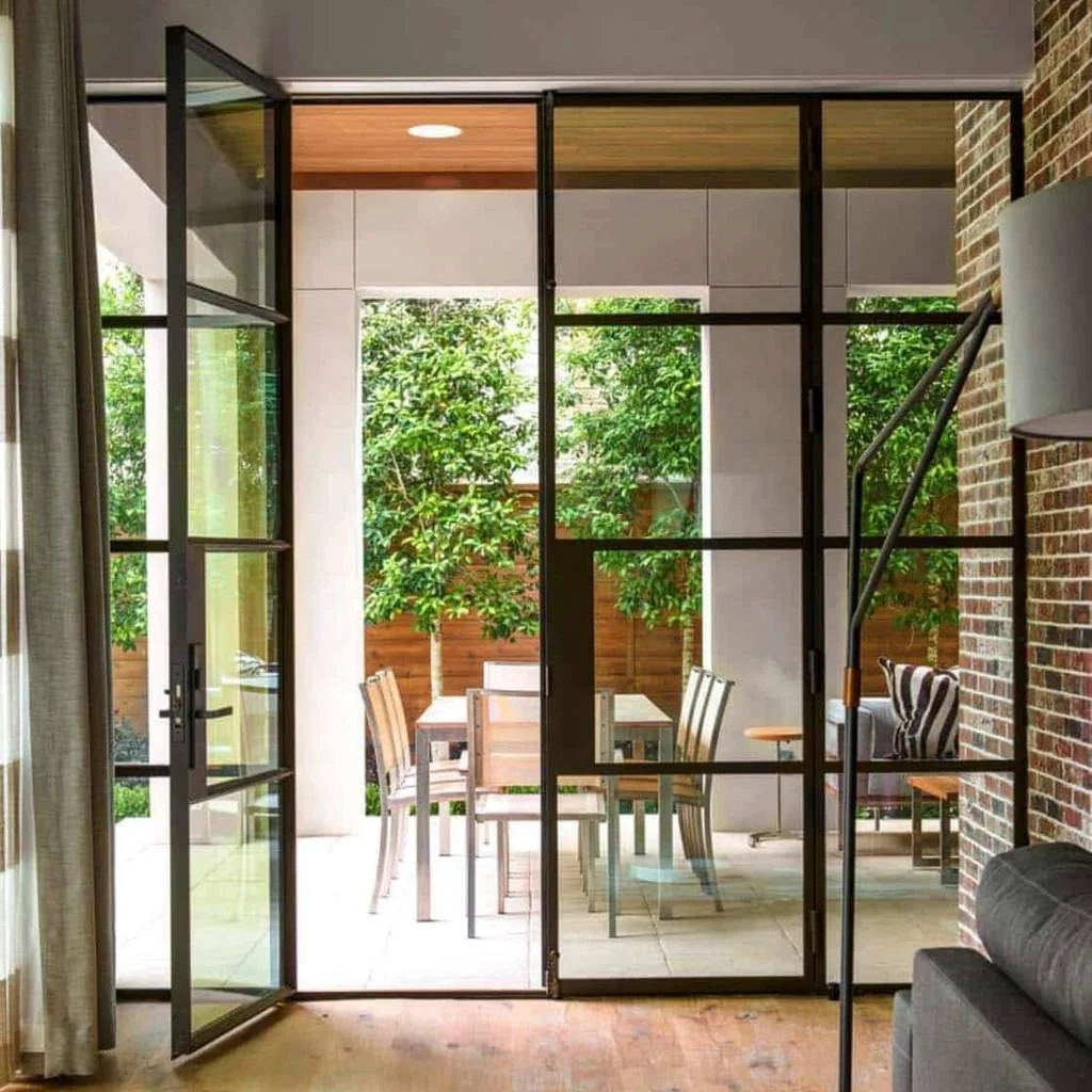 цена Hot Selling Black Steel Frame Exterior Double Glass French Aluminum Entry Swing Glass Doors