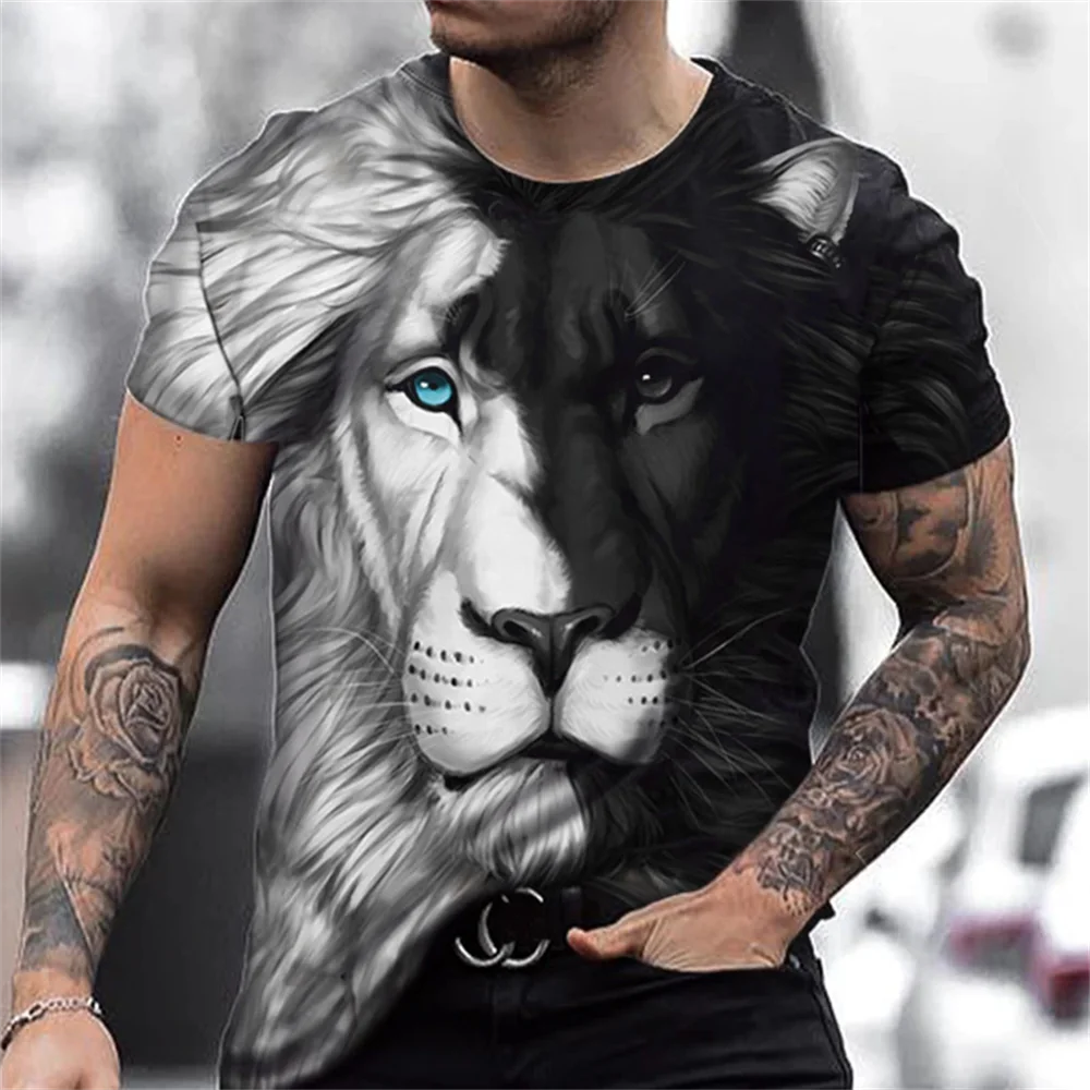 

Lion Fighting Animal Beast Fierce Lion Print 3D T Shirt New Summer Men's Oversized Short Sleeve Black and White Design Polyester