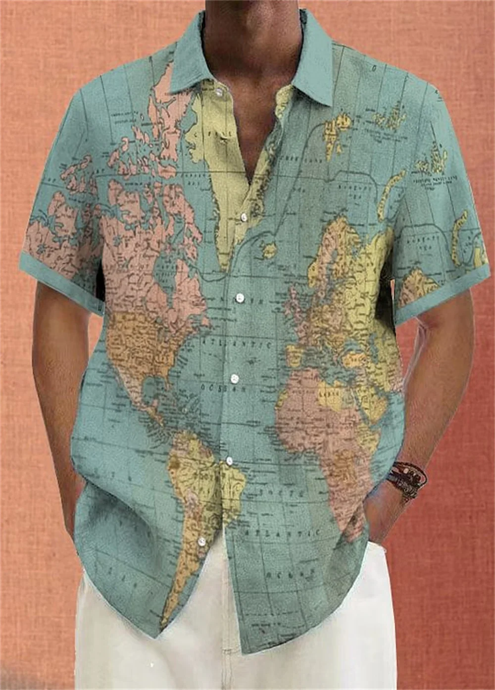 

Men's Summer Map Print Lapel Button Short Shirt Fashion Men's Vacation Comfortable Soft Fabric High Quality Clothing