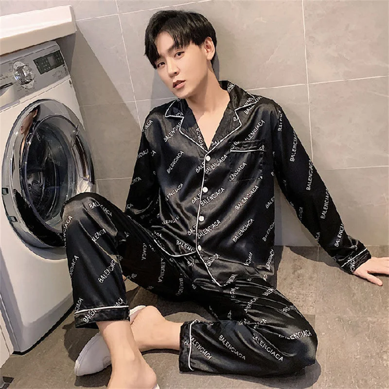 Spring Autumn Men's Thin Imitation Silk Pajamas Long Sleeve Cardigan Pants Oversized Casual Home Clothing Set Jacquard Sleepwear