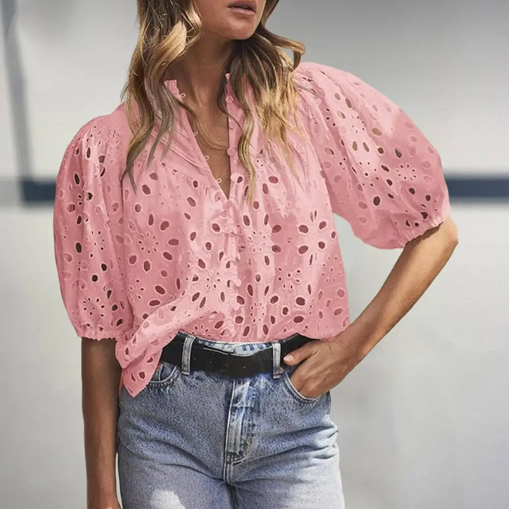 

V-neck Blouse Balloon Sleeve Top Stylish Women's V-neck Lantern Sleeve Blouses Hollow Flower Pattern Tops Lace Embroidered Shirt