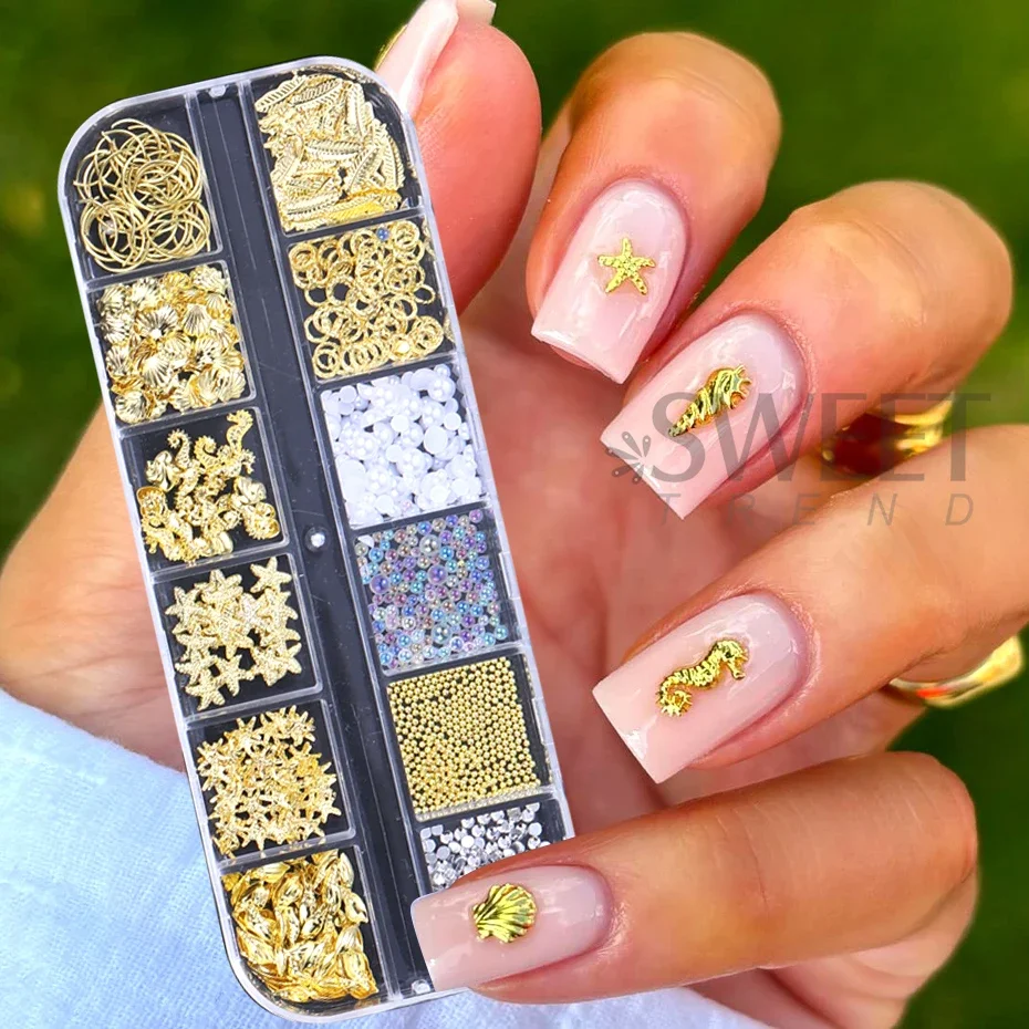 1 Box Mixed 3D Golden Summer Ocean Nail Accessories Shells/Seahorses/Starfish/White Pearl  DIY Nail Rhinestone Charm Decoration