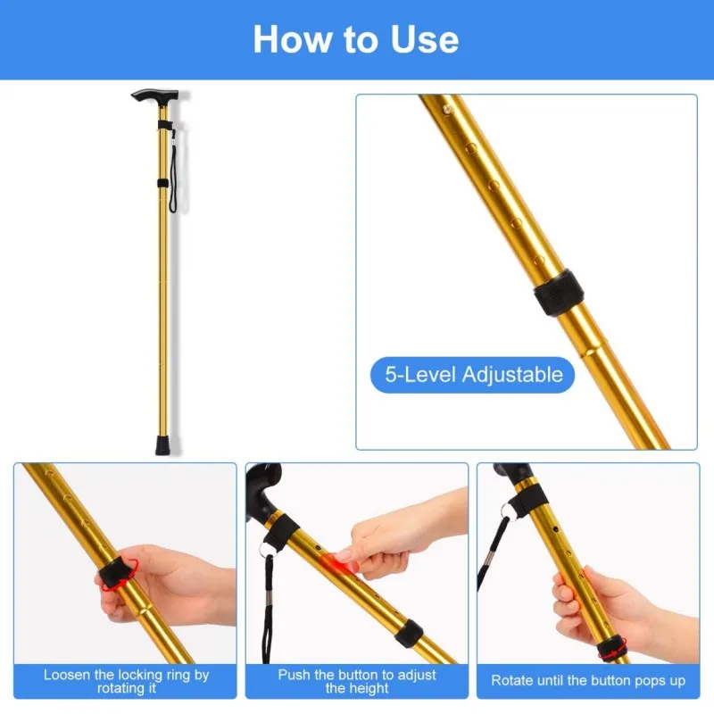 Mountaineering pole folding walking cane portable anti-slip elderly T handle walking stick outdoor unisex adjustable hiking pole trekking pole walking stick trekking poles