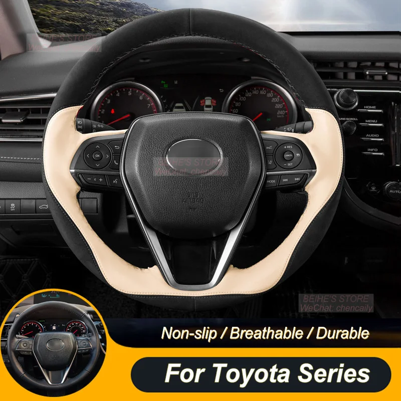 

Customized Non-slip Durabl Black Suede Beige Leather Car Steering Wheel Cover For Toyota Camry Avalon Highlander RAV4 Corolla
