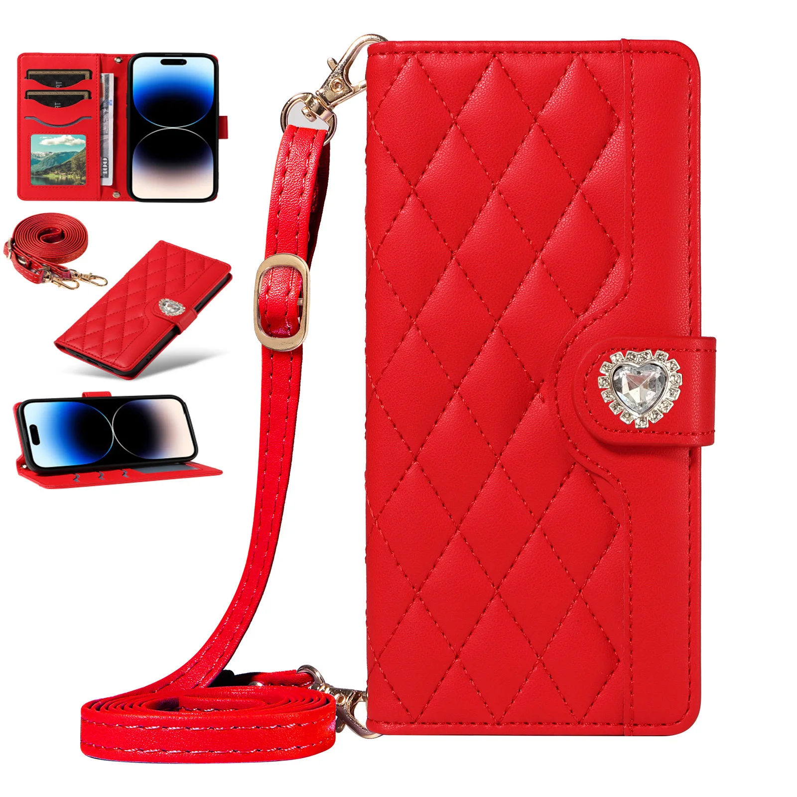 Elegant Diamond Leather Crossbody Flip Wallet Case with Wrist Strap and Card Slots