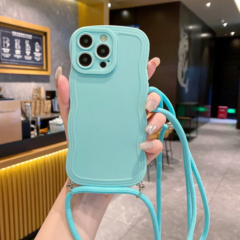 Stylish Wave Edge Lanyard Shockproof Phone Case with Soft Back Cover