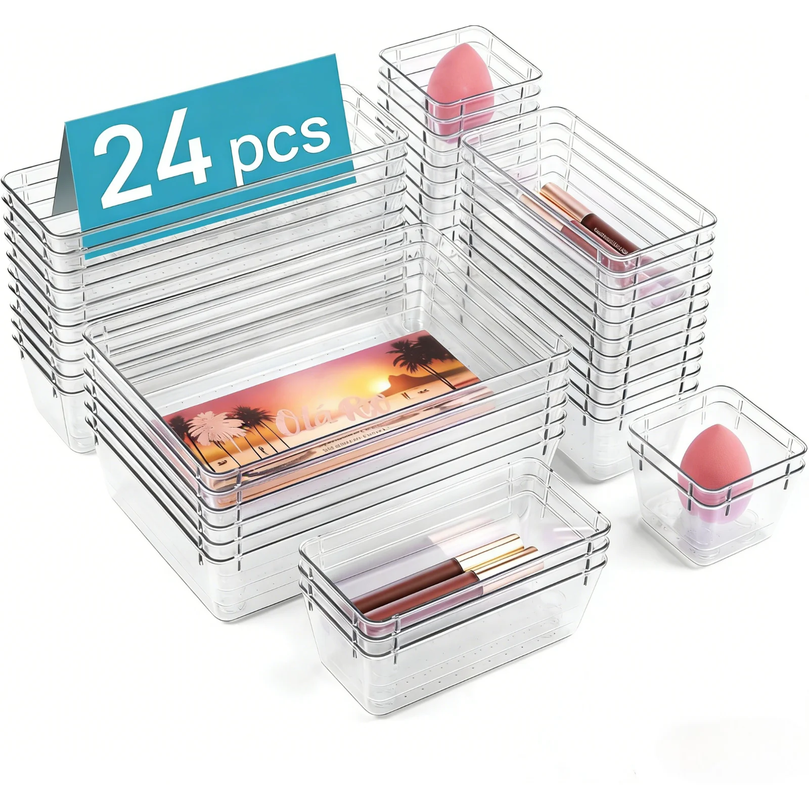 24pcs Plastic Draw Organiser Set – Desk, Fridge & Makeup Storage Divider Trays UK