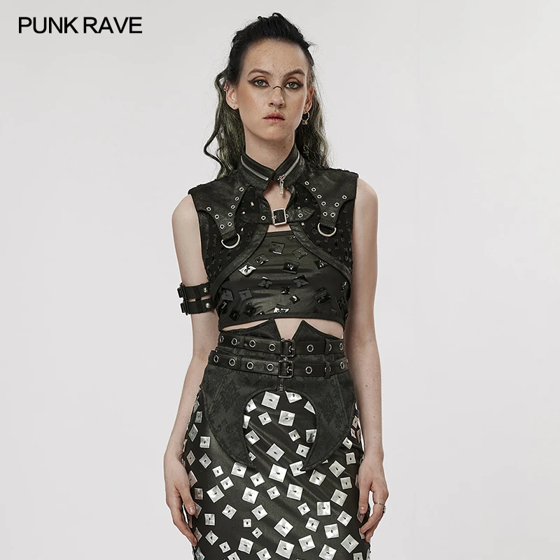 

PUNK RAVE Women's Punk Jacket Decadent Ripped Twill Super Short Hollow Out The Post-apocalyptic Hansome Small Coat Women Clothes