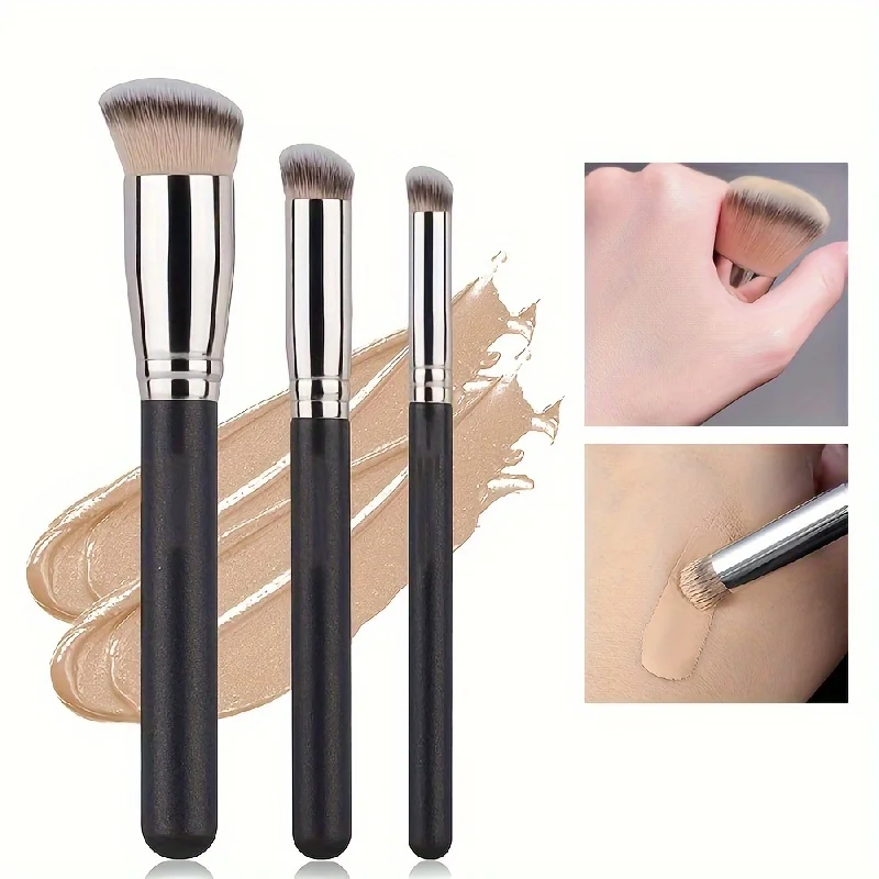 3Pcs Kabuki Foundation Brush Set for Liquid/Cream/Powder, Fragrance-Free Polyester Bristles All Skin Types