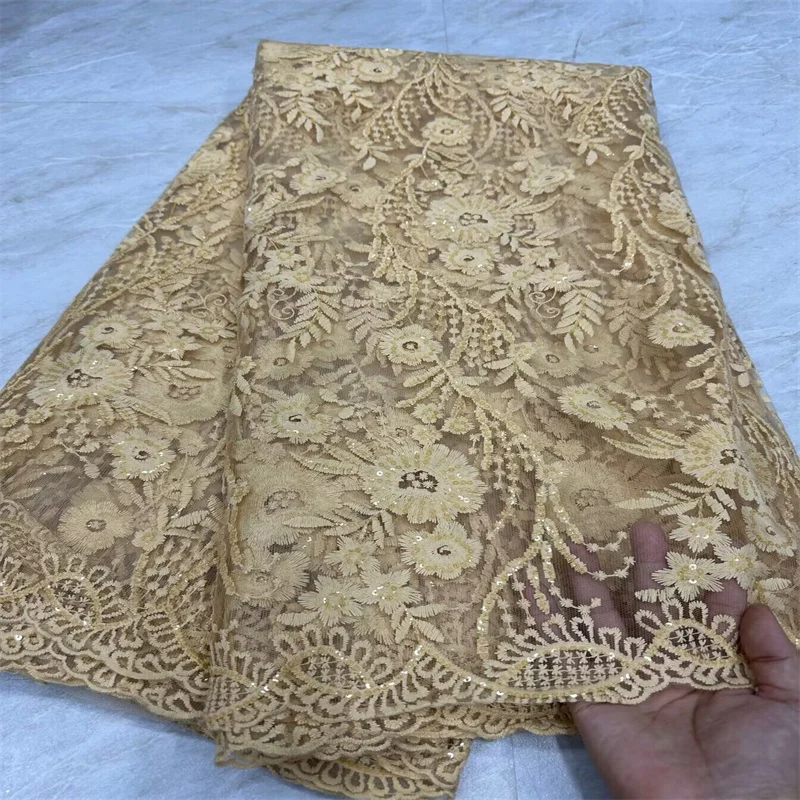 

Gold French Tulle Lace Fabric 5 Yards Royal African Lace Fabric 2024 Grenn High Quality Nigerian Lace Fabric For Party Dress