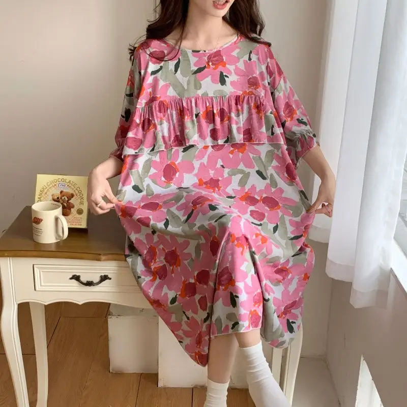 Anti-bumping Pure Cotton Sleepwear Women's Summer Silk Loungewear Floral Loose Comfortable Printed Nightdress women nightgowns women nightdresses sleeping dress