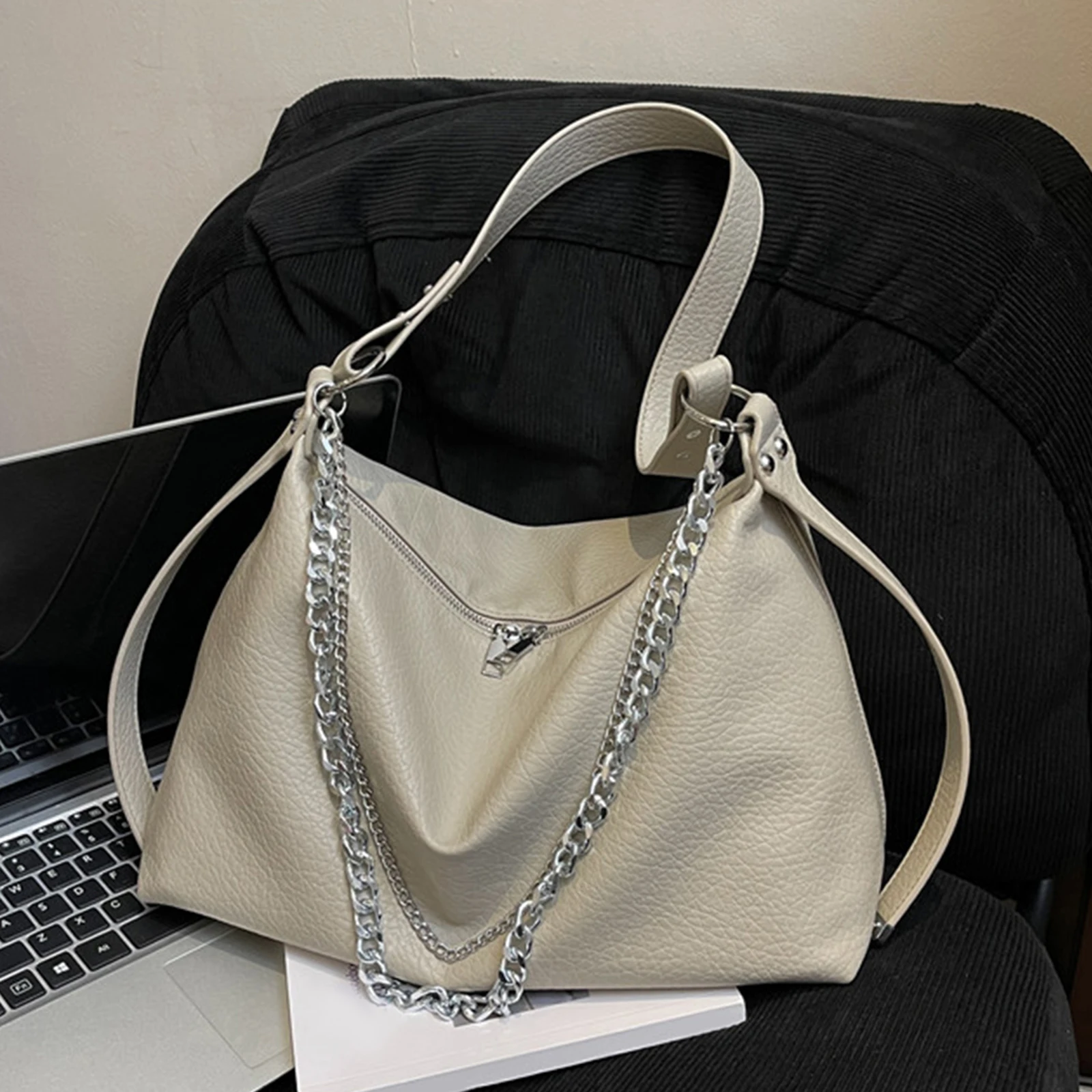 PU Leather Shoulder Bag with Chain Underarm Bag Vintage Commuter Bag for Women Work Shopping Travel Daily