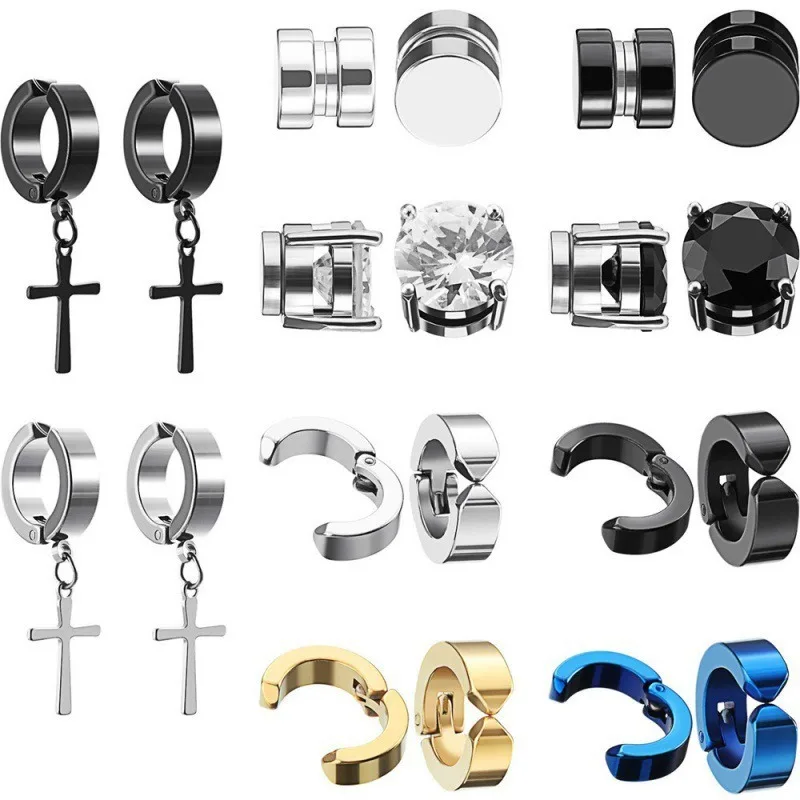 Stud Earrings 2pcs Punk Mens Strong Magnet Magnetic Ear Stud Set Non Piercing Earrings Fake Cross Gift For Boyfriend