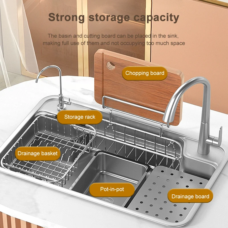 Stainless Steel Kitchen Sink Large Single Slot Household Dishwashing Sink Under the Counterbasin Wash Basin Multifunction