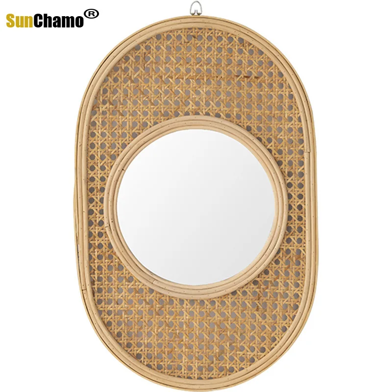 

Sunchamo Vintage Rattan Art Decoration Oval Makeup Mirror Dressing Wall Hanging Mirrors Living Dining Bedroom Home For Make Up