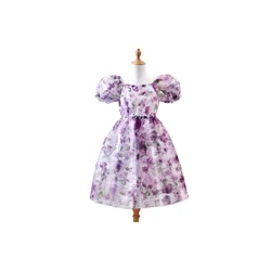 Enchanting Purple Floral Dress for Girls - Puff Sleeves & Waist - Hugging Silhouette (Purple)