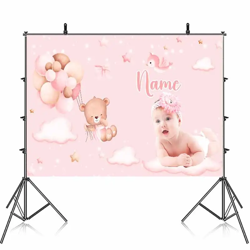 Happy Christening Baptism Birthday Party Backdrop Banner Phototgraphy Pink Blue Bear withe Balloons Newborn Edit Name Pic Print Photo Backdrop
