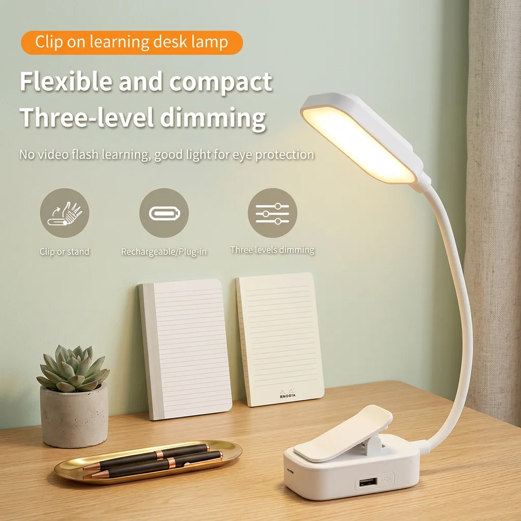 LED Clip On Book Light USB Charging Dimmable 3Color Mode LED Night Light Portable Reading Light for Bedroom Office Study Reading