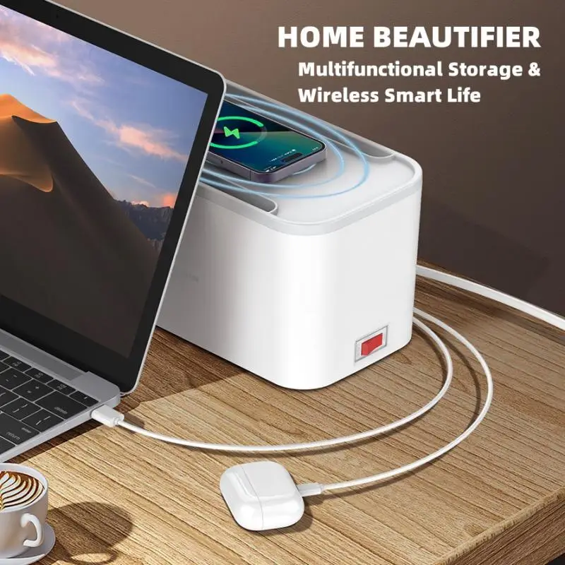 LDNIO 박스 포함 EU 멀티탭, 15W 무선 충전기 스테이션, 5 AC 3 USB 콘센트, 2M 익스텐션 코드, 전기 소켓 네트워크 필터