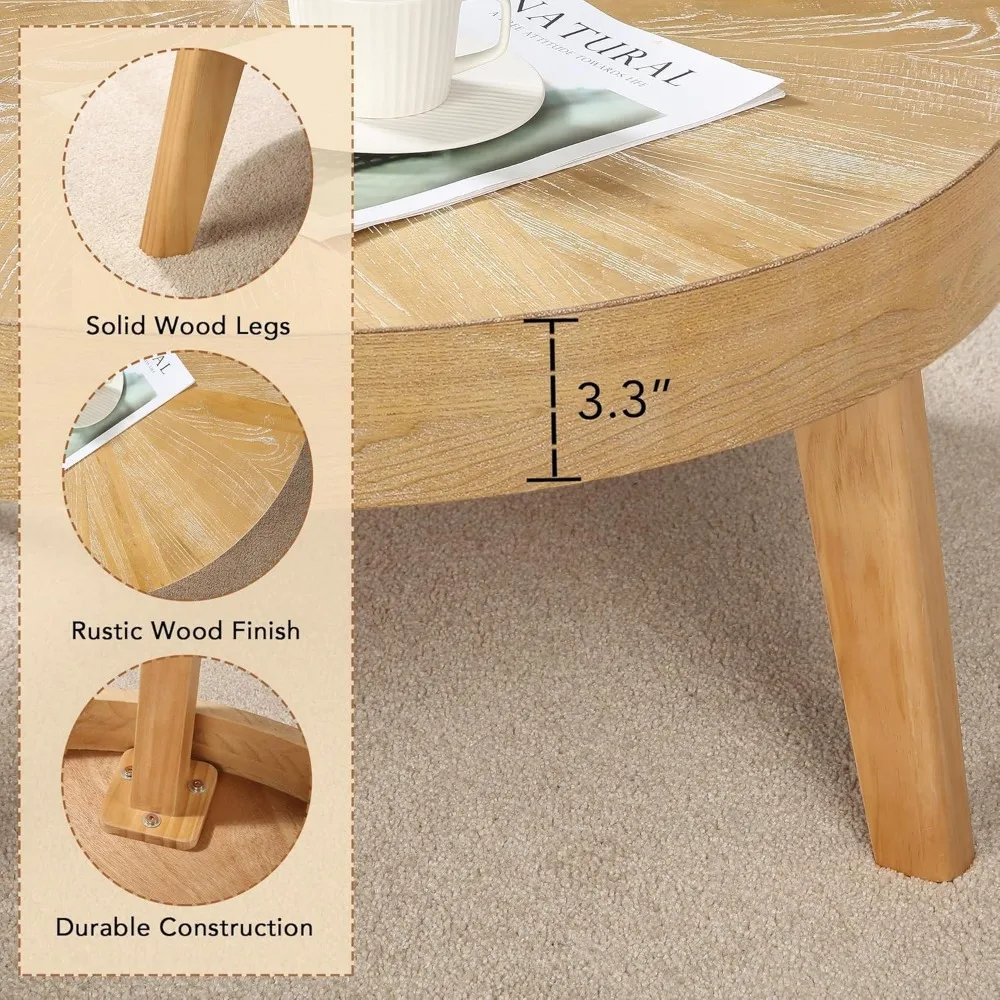 Farmhouse Round Coffee Table Set of 3, Boho Sofa Side Nesting Tables End Table Set with Wood Natural Finish for Living Room, 5