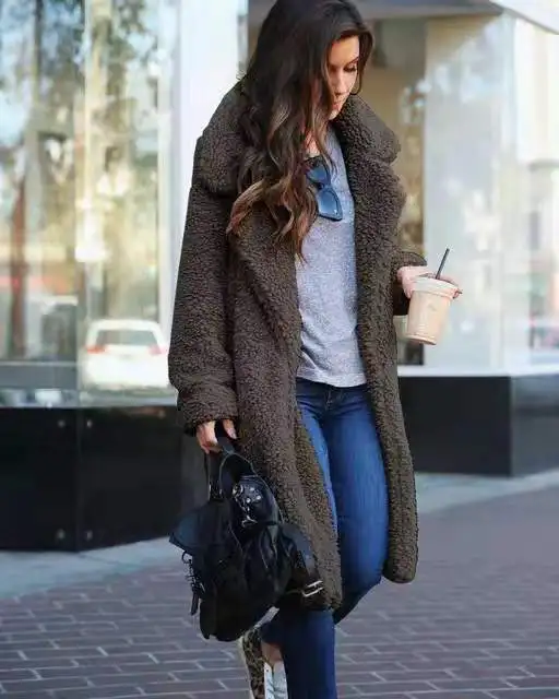 

Autumn and Winter Fashion Polo Collar Long Sleeve Plush Women's Top Long Coat
