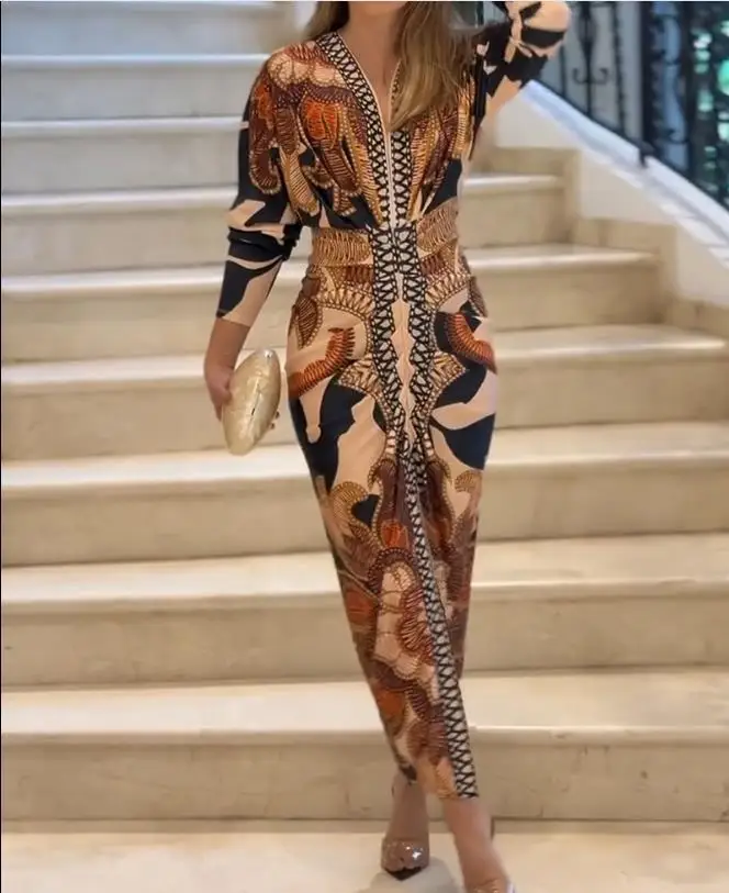 Sexy decote em v manga longa vestido impresso cintura alta divisão poliéster moda feminina elegante estilo de viagem verão nova chegada