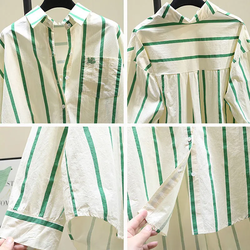 Korean Striped Loose Shirt Spring Autumn New Commute Single-breasted Female Clothing Polo-Neck Fashion Letter Embroidery Blouse