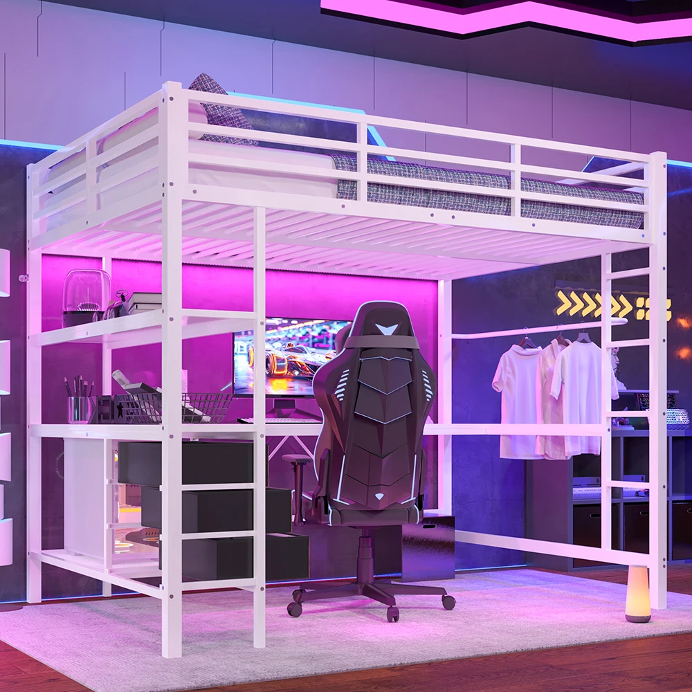 KOMHTOM 140×200 cm Hochbett mit LED-Beleuchtung, Schreibtisch, USB-Ladestation, 3 Schubladen, Regalen und Treppe, ohne Matratze – Detail 3