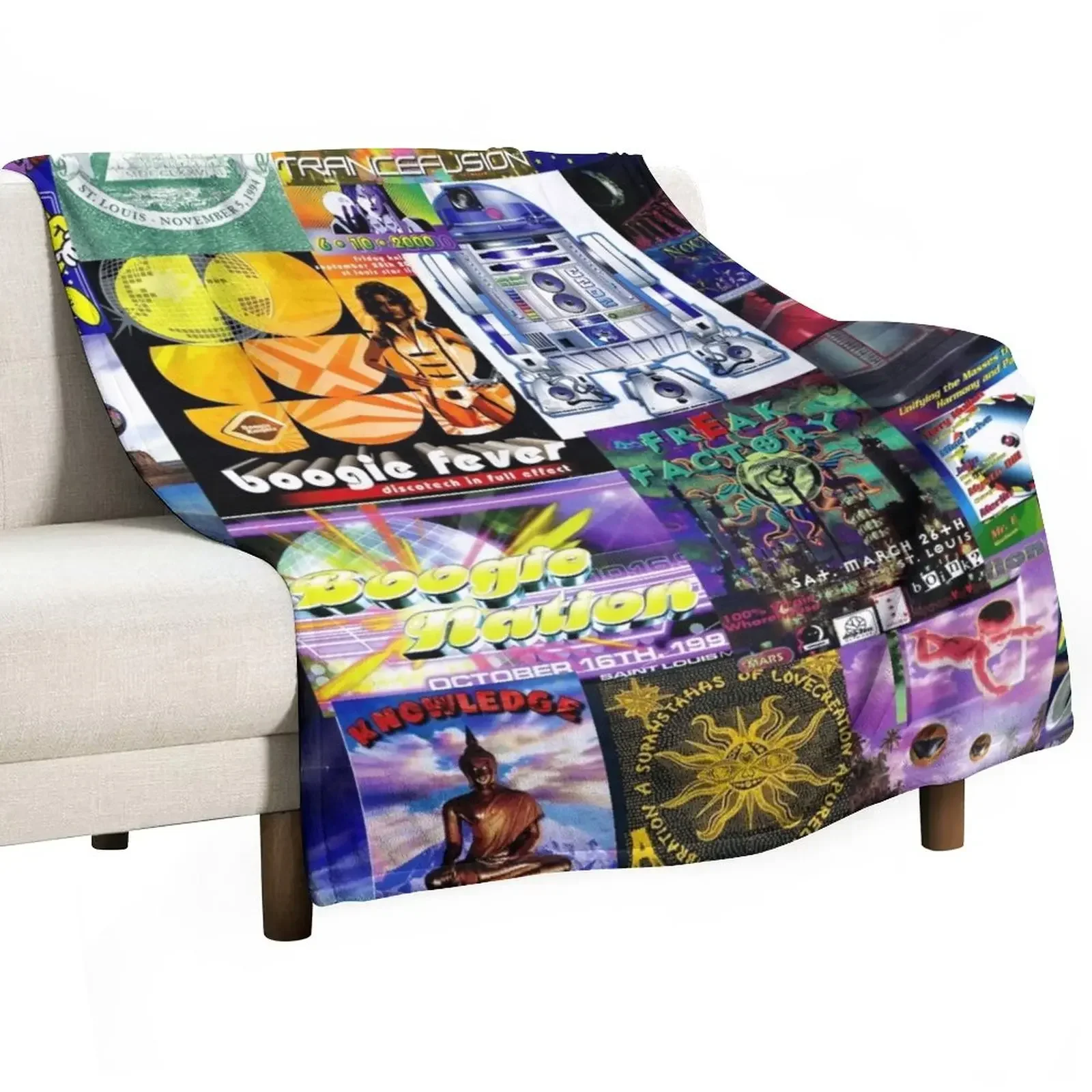 

90's Rave Flyers Throw Blanket Bed Dorm Room Essentials Luxury St Blankets