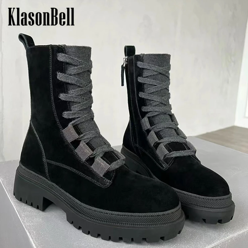 

11.22 KlasonBell Women's Martin Boots Cow Suede Bead Chains Lace-Up Zipper TPR Outsole Height Increasing Ankle Boots