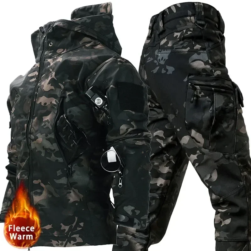 Winter Tactical Mountaineering Outdoor Men's Multi Pocket Hooded Jacket Camouflage Waterproof Windproof Straight Leg Pants