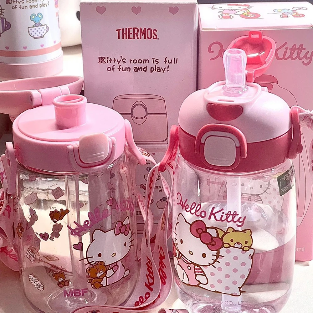 

500Ml Kawaii Hello Kittys Kid Water Bottle with Straw Leakproof Water Bottles Outdoor Portable Children Cups with Shoulder Strap