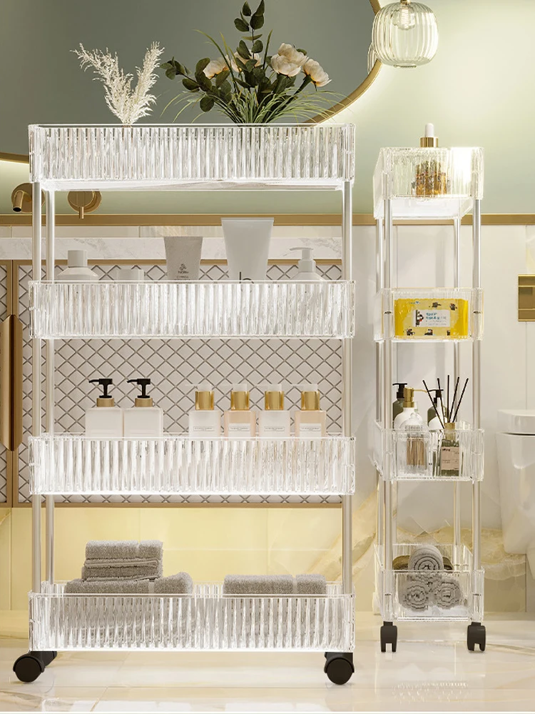 Acrylic Clear Trolley Rack Movable Rolling Utility Cart Narrow Gap Storage Rack with Wheels Bathroom Removable Shelf 2/3/4 Layer 4